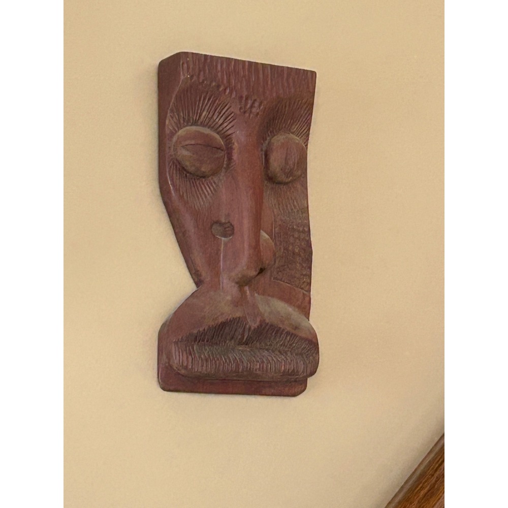 Vintage Hand Carved Wood Mask Mary Cuba Folk Art Wall Hanging Red Brown Decor